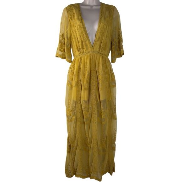 Wishlist Boutique Mustard Yellow Boho Plunge Neck Lace Overlay Romper Maxi Dress - Picture 2 of 6